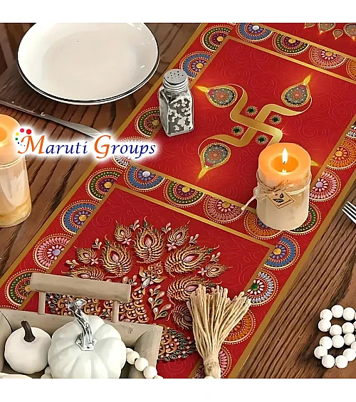 Happy Diwali Indian Elephant Runner Over Tablecloth – Red & Golden Indian-Themed Dining Table Cover with Peacock & Mandala Patterns 33.02x182.88 Cm