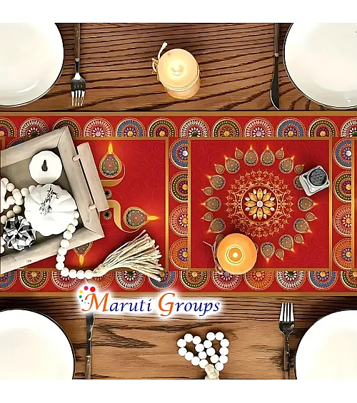 Happy Diwali Indian Elephant Runner Over Tablecloth – Red & Golden Indian-Themed Dining Table Cover with Peacock & Mandala Patterns 33.02x182.88 Cm