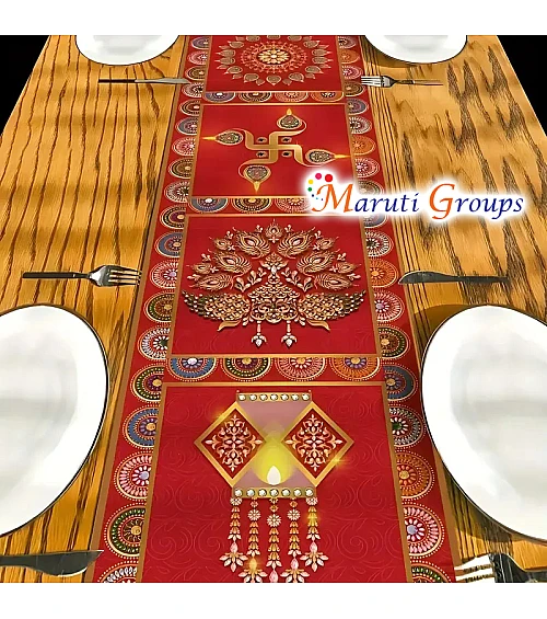 Happy Diwali Indian Elephant Runner Over Tablecloth – Red & Golden Indian-Themed Dining Table Cover with Peacock & Mandala Patterns 33.02x182.88 Cm