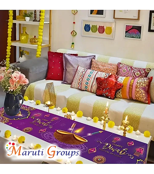Happy Diwali Indian Lamp Table Runner – Purple & Golden Indian-Themed Dining Table Runner with Lamp (33.02cm x 177cm)