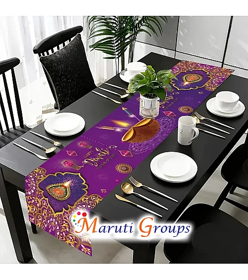 Happy Diwali Indian Lamp Table Runner – Purple & Golden Indian-Themed Dining Table Runner with Lamp (33.02cm x 177cm)