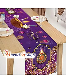 Happy Diwali Indian Lamp Table Runner – Purple & Golden Indian-Themed Dining Table Runner with Lamp (33.02cm x 177cm)