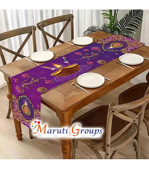 Happy Diwali Indian Lamp Table Runner – Purple & Golden Indian-Themed Dining Table Runner with Lamp (33.02cm x 177cm)