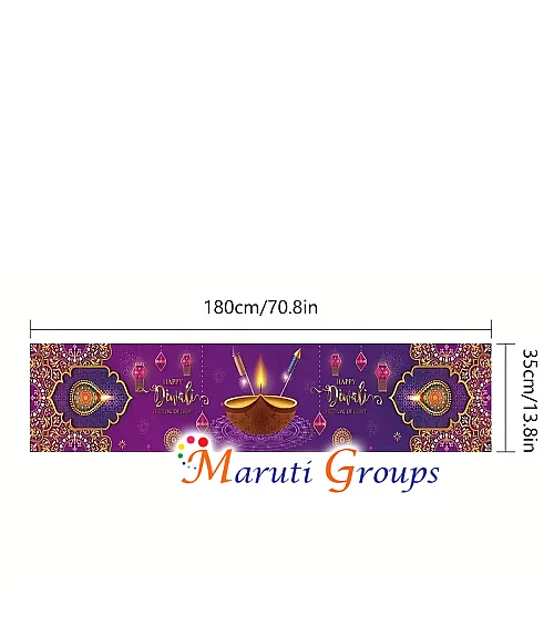 Happy Diwali Indian Lamp Table Runner – Purple & Golden Indian-Themed Dining Table Runner with Lamp (33.02cm x 177cm)