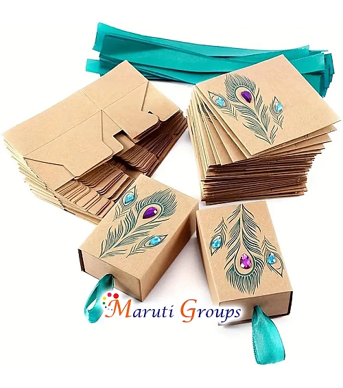 5pcs Happy Diwali Peacock Feather Pattern Colored Rhinestone Drawer-Shaped Gift Boxes – Ideal for Weddings & Indian Festivals 5cm x 3cm x 7.5cm