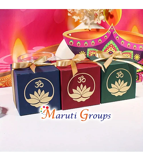 Happy Diwali Aum Gift Box – Blue – Set of 5 (8cm x 8cm x 8cm)