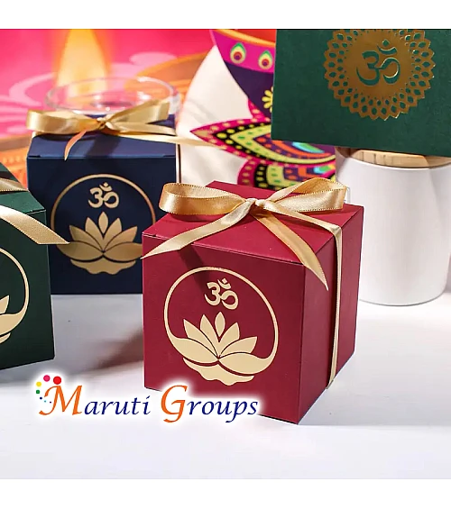 Happy Diwali Aum Gift Box – Blue – Set of 5 (8cm x 8cm x 8cm)