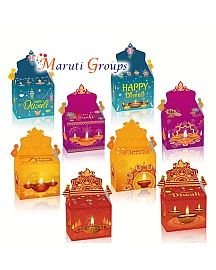 6pcs Happy Diwali Box – Indian Festival Boxes with Diya Decorations, Traditional Motifs & Assorted Colors