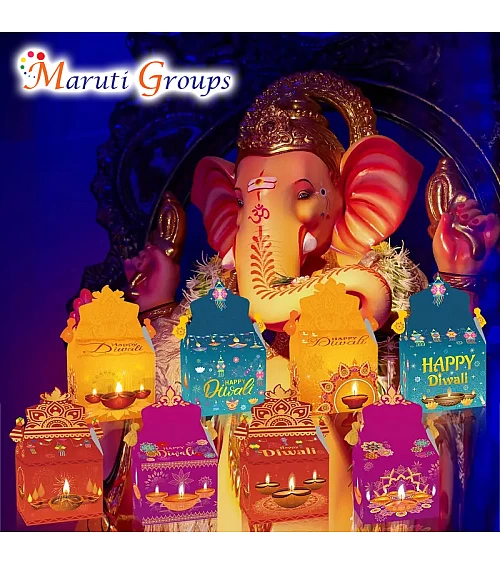 6pcs Happy Diwali Box – Indian Festival Boxes with Diya Decorations, Traditional Motifs & Assorted Colors