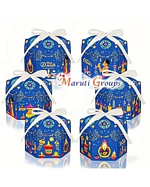 6pcs Happy Diwali Hexagon Shape Gift Boxes – Colorful Feather Design, Ideal for Weddings & Indian Festivals 17cm x 13cm