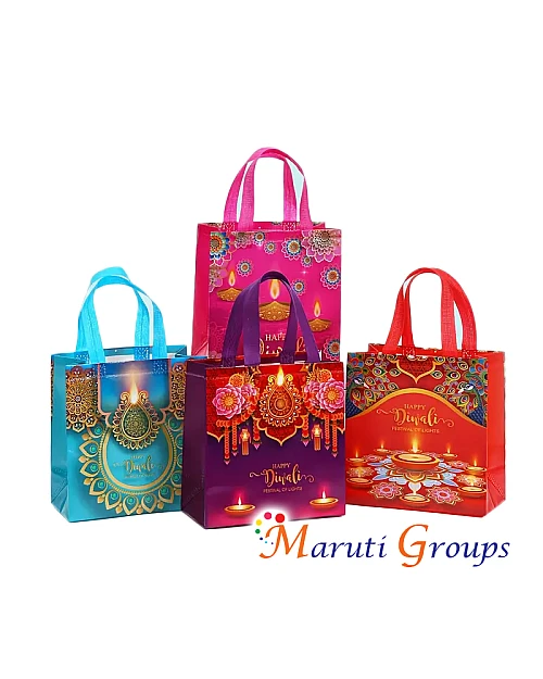 6pc Happy Diwali Non-Woven Gift Bags with Handles – Assorted Colors (Blue, Pink, Red, Purple)
