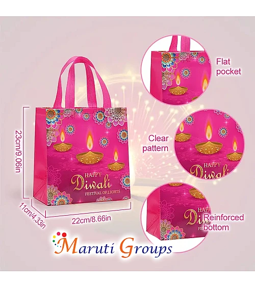 6pc Happy Diwali Non-Woven Gift Bags with Handles – Assorted Colors (Blue, Pink, Red, Purple)