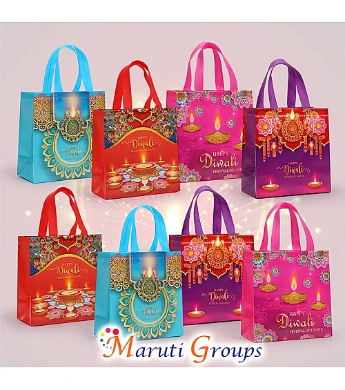 6pc Happy Diwali Non-Woven Gift Bags with Handles – Assorted Colors (Blue, Pink, Red, Purple)