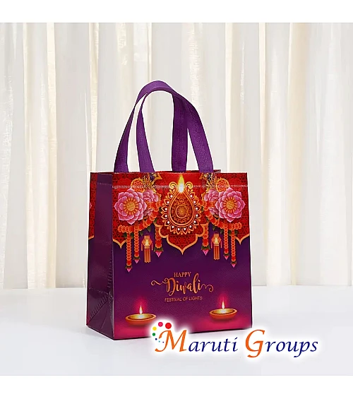 6pc Happy Diwali Non-Woven Gift Bags with Handles – Assorted Colors (Blue, Pink, Red, Purple)