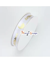 1 Roll Eid Mubarak Satin Ribbon – White with Golden Moon Letter Design (1.6cm)