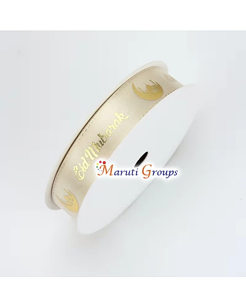 1 Roll Eid Mubarak Satin Ribbon – Cream with Golden Moon Letter Design (1.6cm)