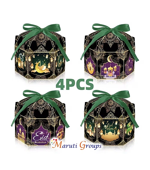 8pcs Black Eid Gift Box Set with Green Ribbon (4 Gift Boxes + 4 Ribbons) – Ramadan 3D Candy Boxes