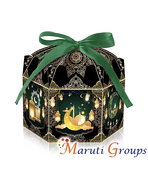 8pcs Black Eid Gift Box Set with Green Ribbon (4 Gift Boxes + 4 Ribbons) – Ramadan 3D Candy Boxes