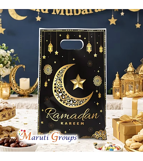 10pcs Ramadan Kareem Gift Bags – Black & Gold Loot Bags (25cm x 16.5cm)