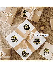 500pcs Eid Mubarak Islamic Stickers Roll – Black & Gold Crescent Moon & Arabic Calligraphy (2.5cm)