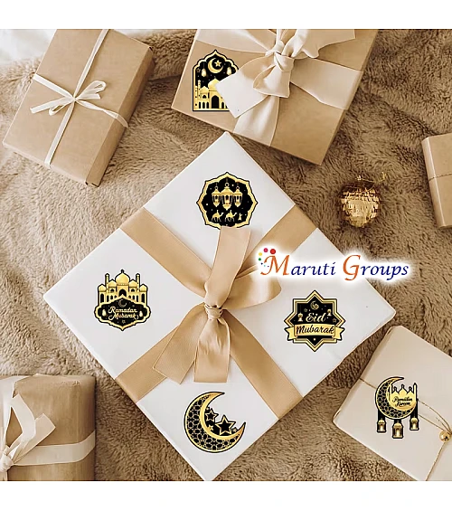 500pcs Eid Mubarak Islamic Stickers Roll – Black & Gold Crescent Moon & Arabic Calligraphy (2.5cm)