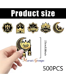 500pcs Eid Mubarak Islamic Stickers Roll – Black & Gold Crescent Moon & Arabic Calligraphy (2.5cm)