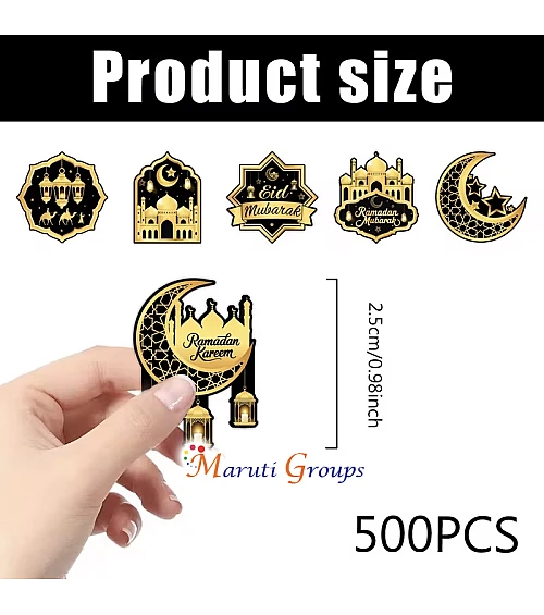 500pcs Eid Mubarak Islamic Stickers Roll – Black & Gold Crescent Moon & Arabic Calligraphy (2.5cm)