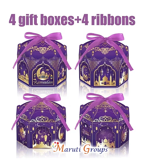 8pcs Purple Eid Gift Box Set (4 Gift Boxes + 4 Ribbons) – Ramadan 3D Candy Boxes