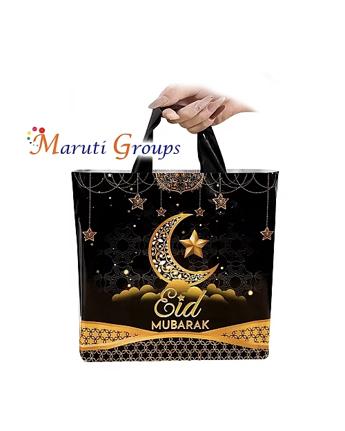1pc Eid Mubarak Gift Bag – Black & Golden Moon Star Design Treat Bag with Handles (30cm x 25cm)